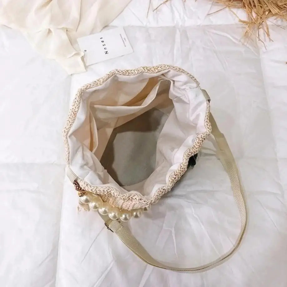 Damen Tasche Boho Stroh mit Spitze