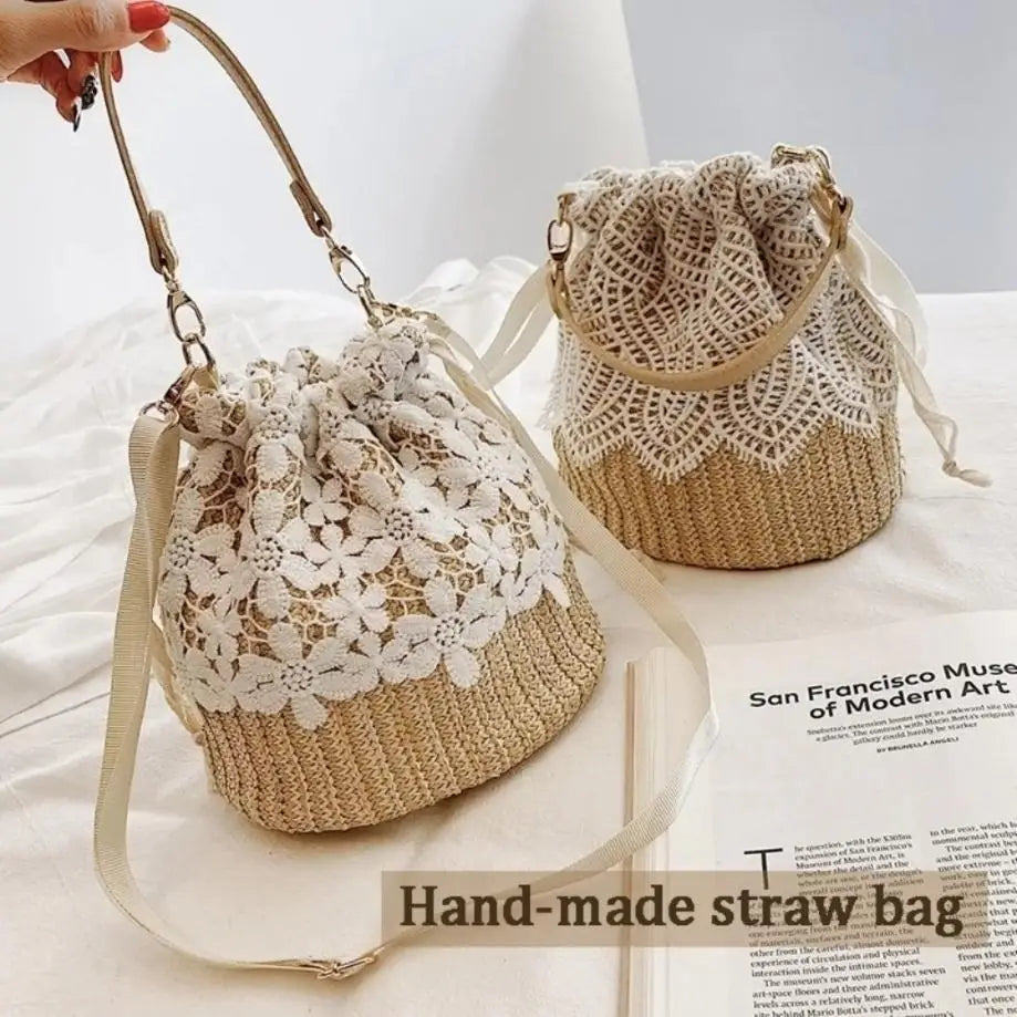 Damen Tasche Boho Stroh mit Spitze