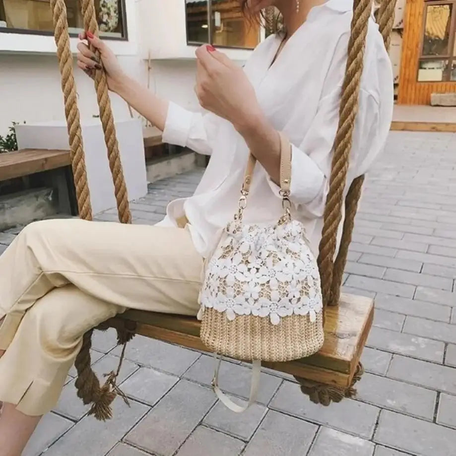 Damen Tasche Boho Stroh mit Spitze