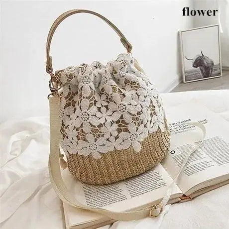 Damen Tasche Boho Stroh mit Spitze