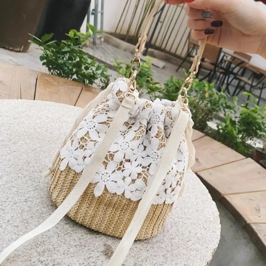 Damen Tasche Boho Stroh mit Spitze