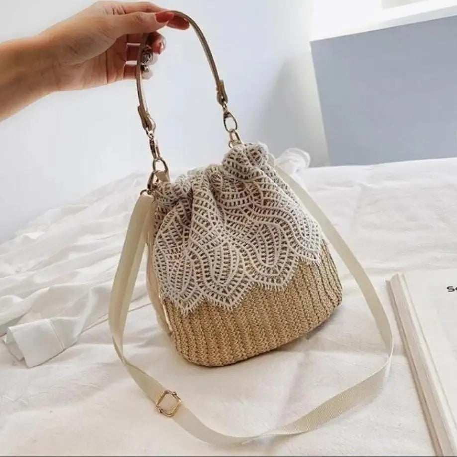 Damen Tasche Boho Stroh mit Spitze